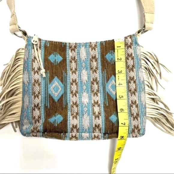 MINNETONKA Baja Western Jacquard Boho chic Suede Fringe Crossbody Bag Ivory Blue - Picture 10 of 12